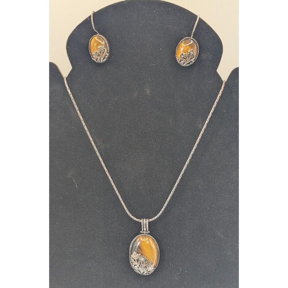 Vintage Mexico 925 Sterling Silver Tiger Eye Floral Necklace Earrings Set 20g